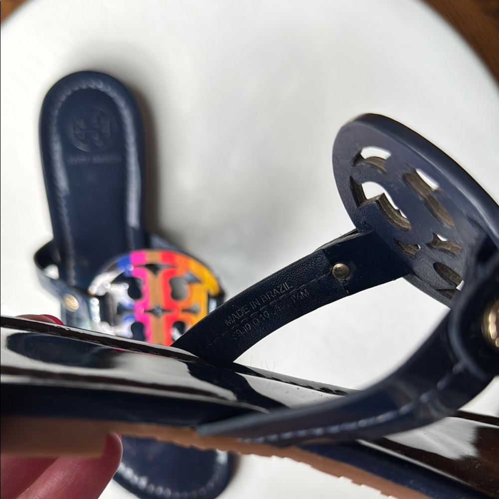 Tory Burch Navy Miller Sandals Multicolor Logo Size 8.5 - Picture 6 of 13